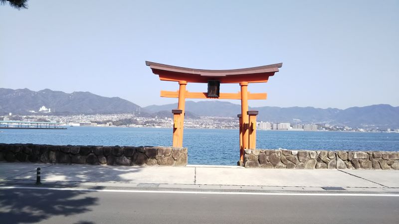 Torii gate of Nagahama Shrine, about one-ninth the size of Itsukushima Shrine’s Great Torii