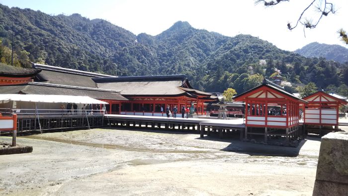 Itsukushima Shrine at low tide with exposed ground