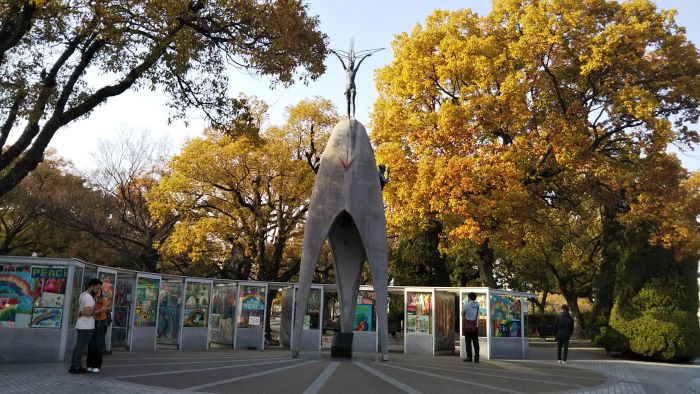 Children’s Peace Monument surrounded by colorful paper cranes