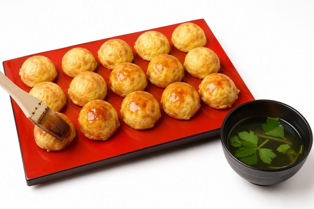 Akashiyaki with a thin layer of sauce spread on top before dipping it into warm dashi broth